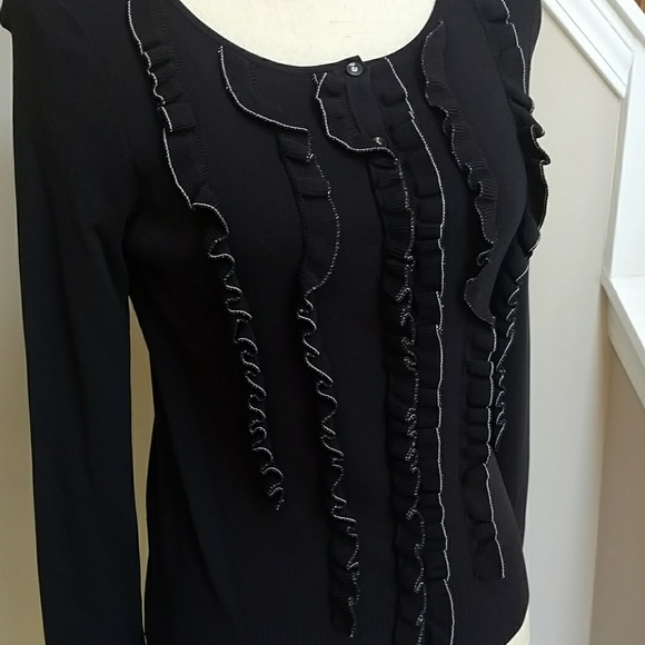 Loft Black/White Ruffled Button-Up Cardigan - Picture 2 of 5